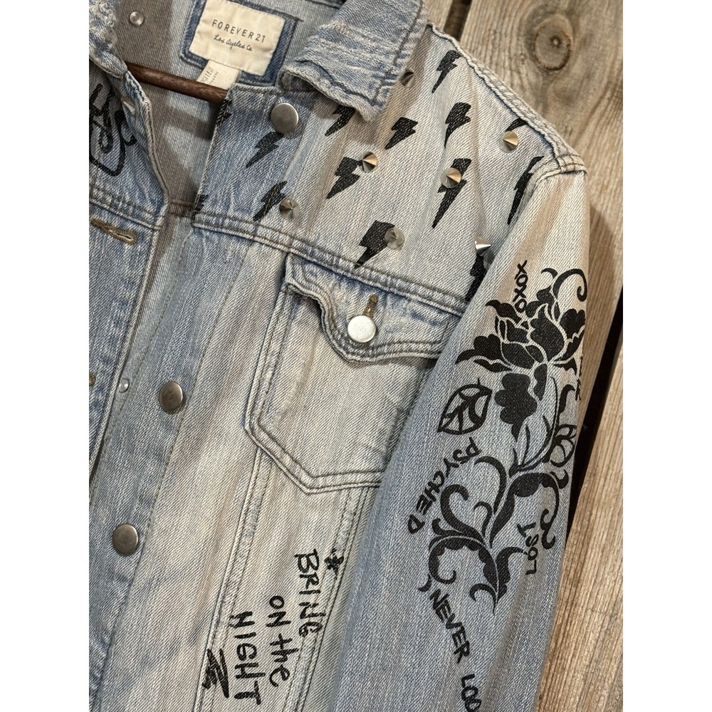Forever 21 Custom Graphic Denim Jacket XS 🔥 Studded Punk Rock Art